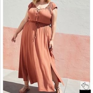 TIE FRONT SLIT MAXI DRESS - CROSSHATCH WOVEN ORANGE RUST